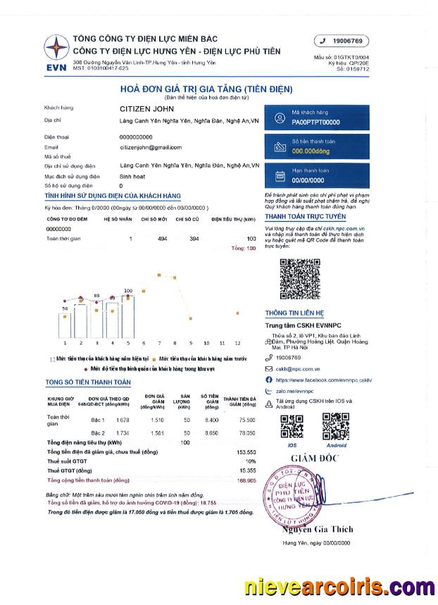 Vietnam EVN NPC TỔNG CÔNG TY ĐIỆN LỰC MIỀN BẮC electricity utility bill